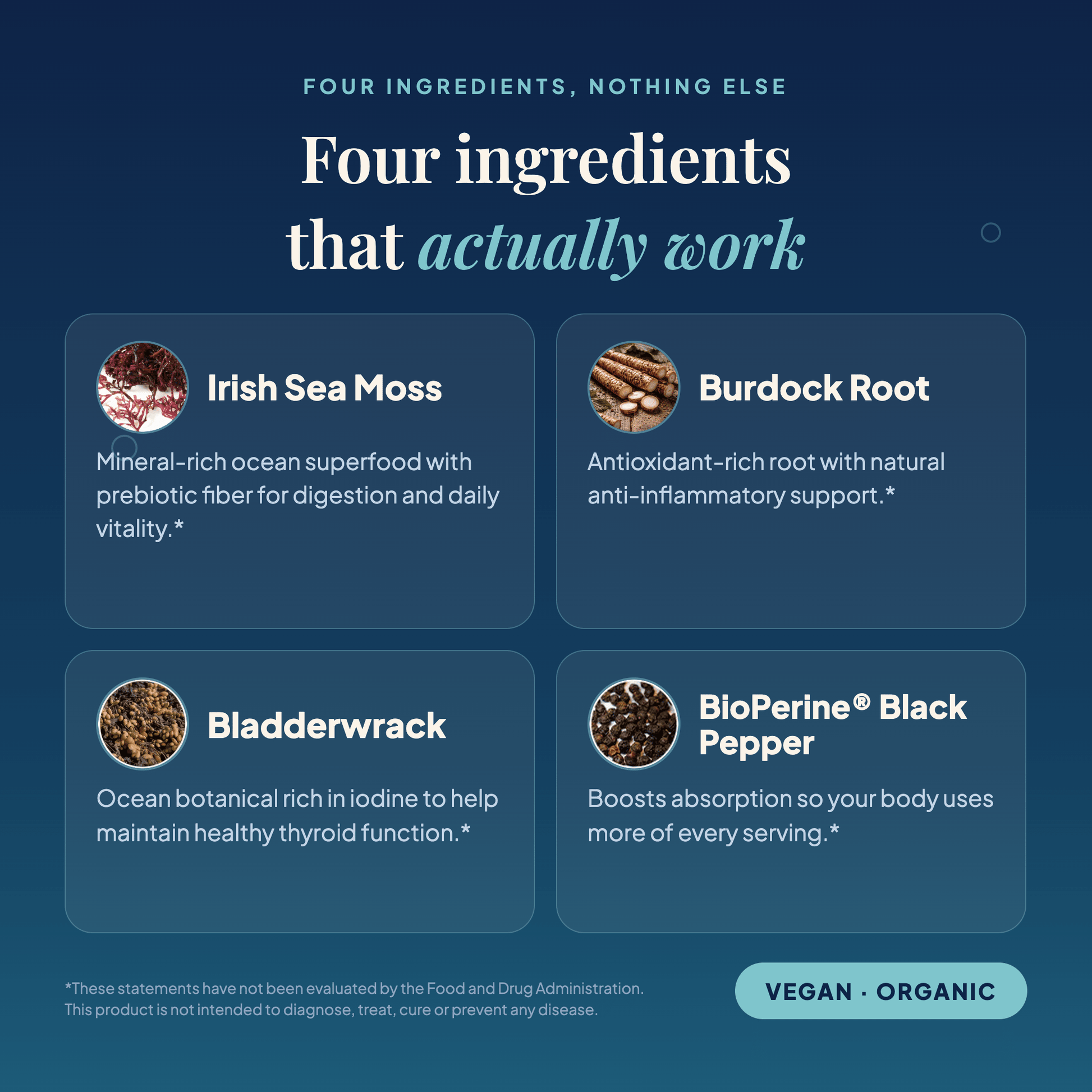 Capsules ingredients: sea moss, bladderwrack, burdock root and BioPerine