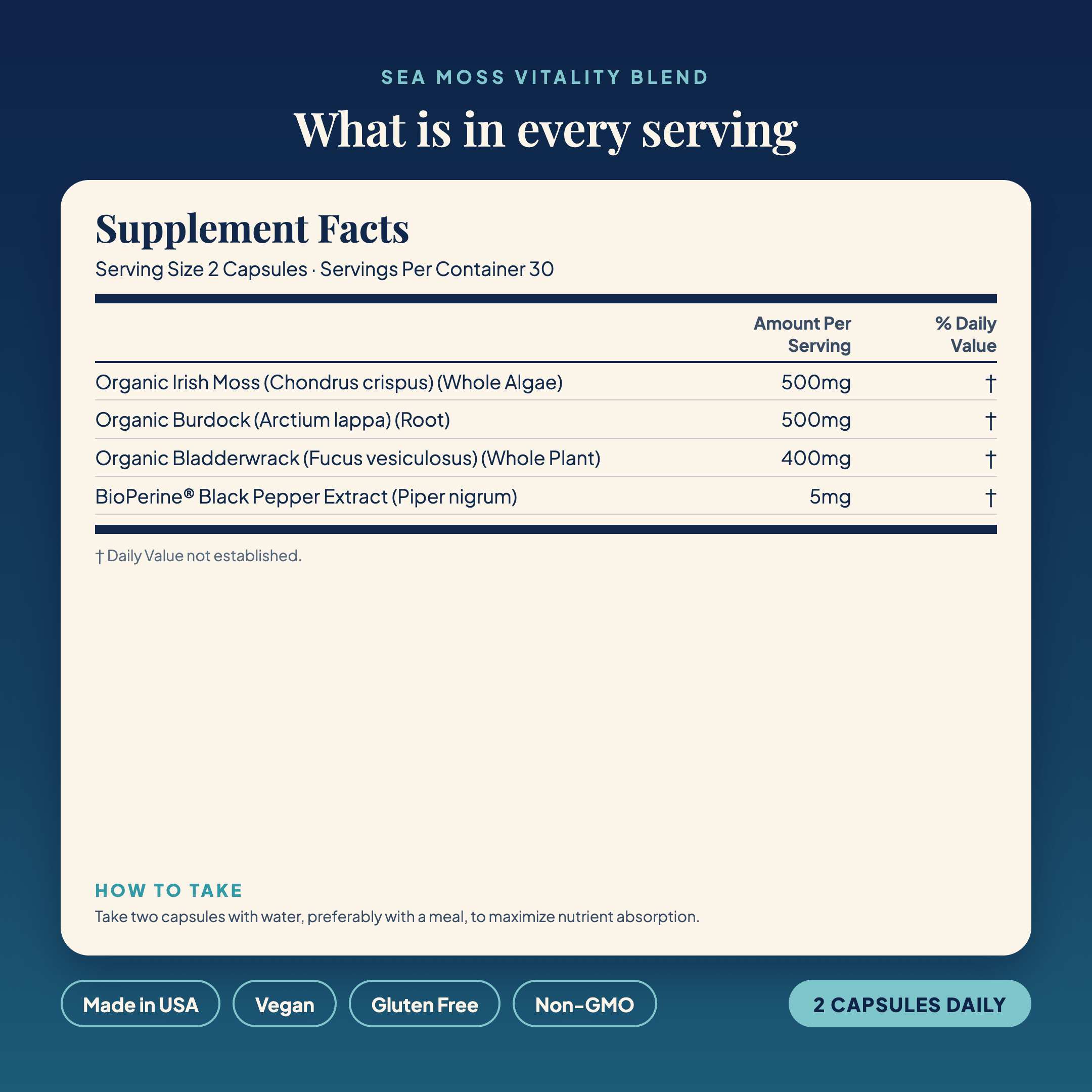 Sea Moss Vitality Blend Capsules supplement facts panel