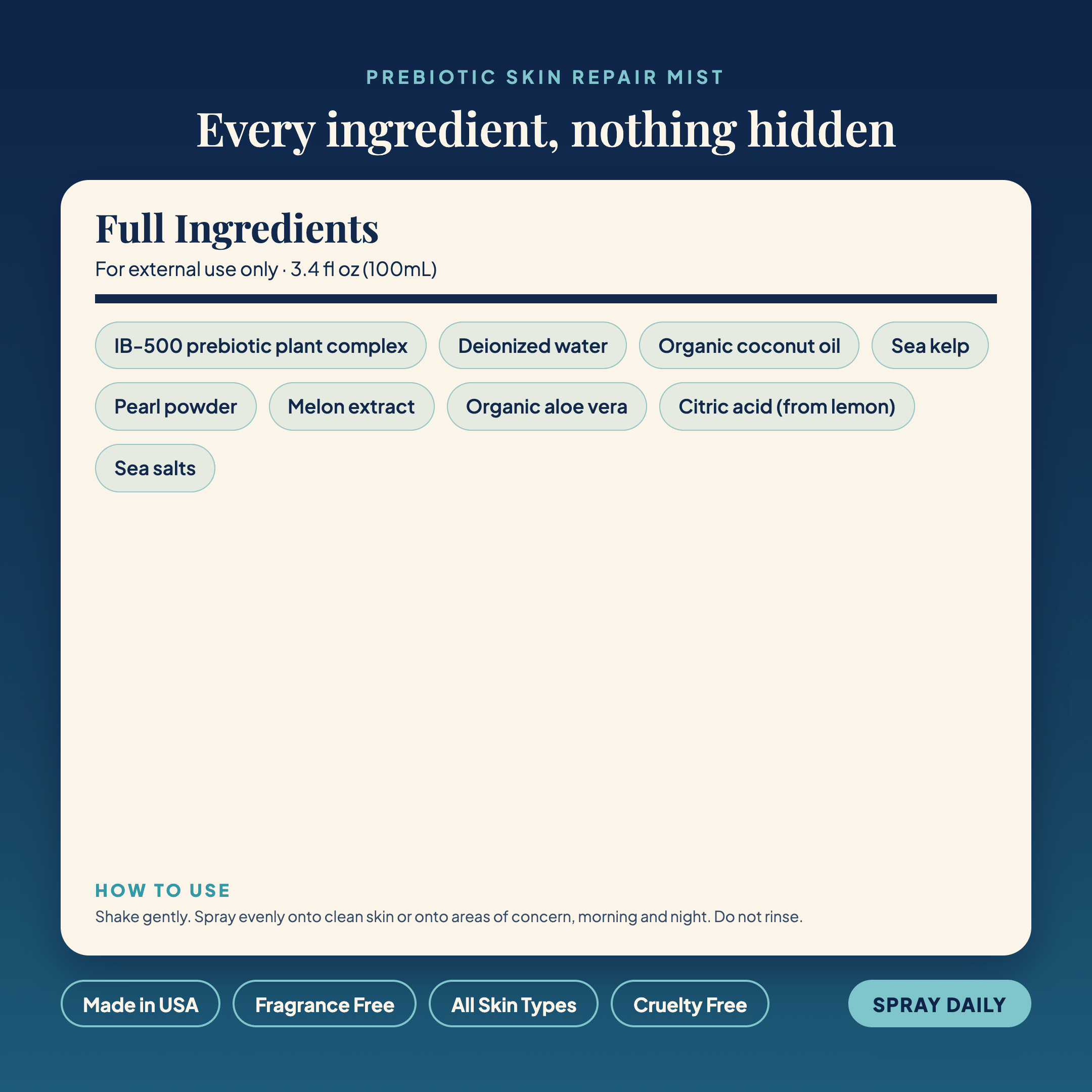 Prebiotic Natural Skin Repair Mist ingredients panel