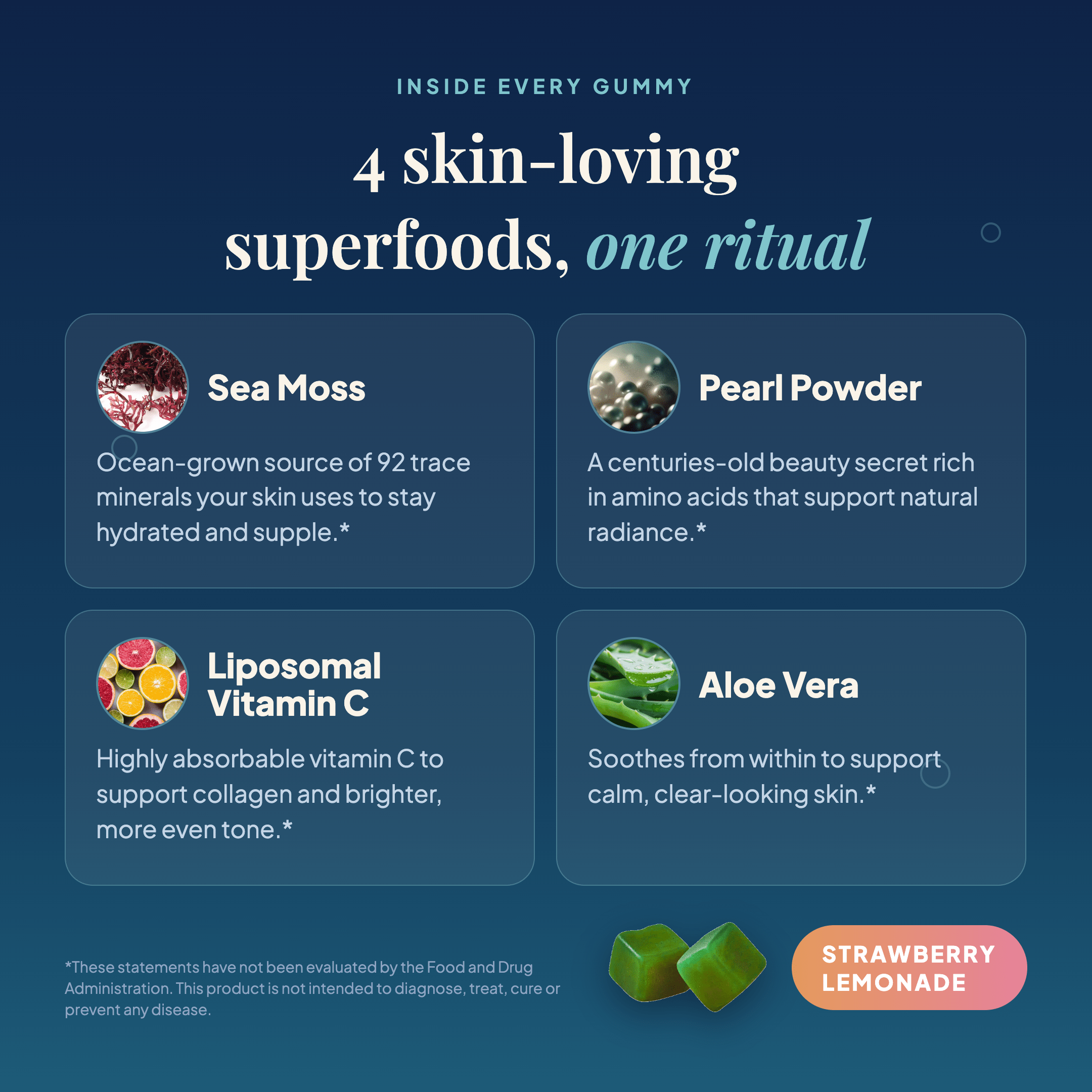 GLOW ingredients: sea moss, pearl powder, liposomal vitamin C and aloe vera