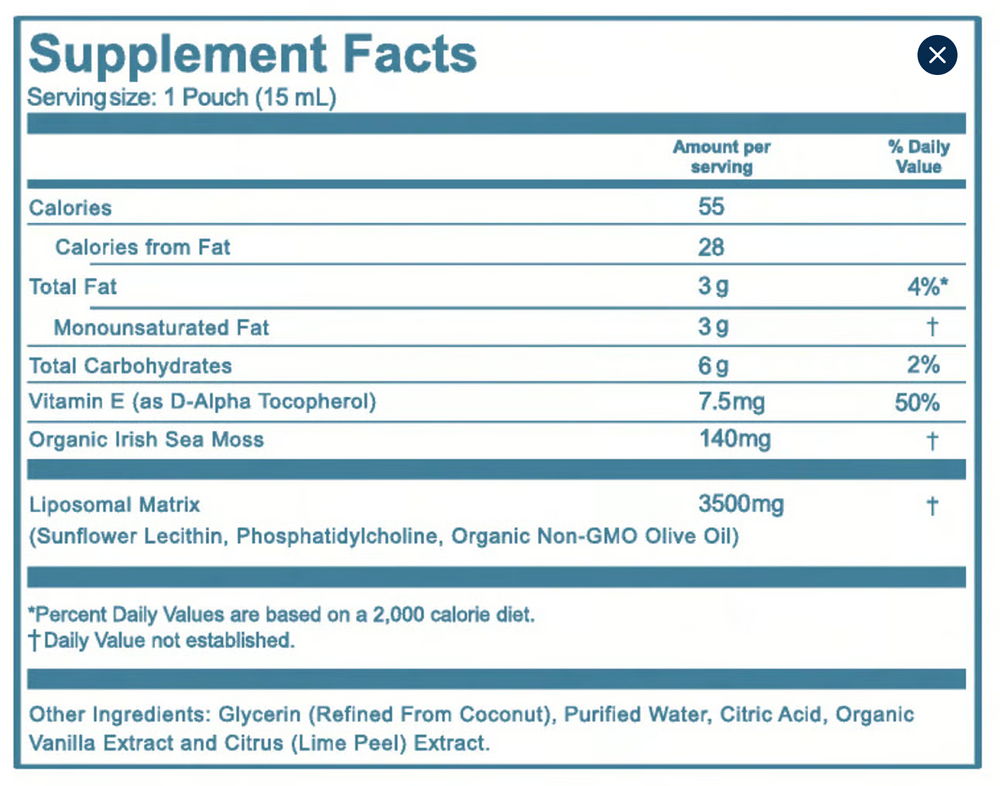 Liposomal Sea Moss Gel supplement facts label
