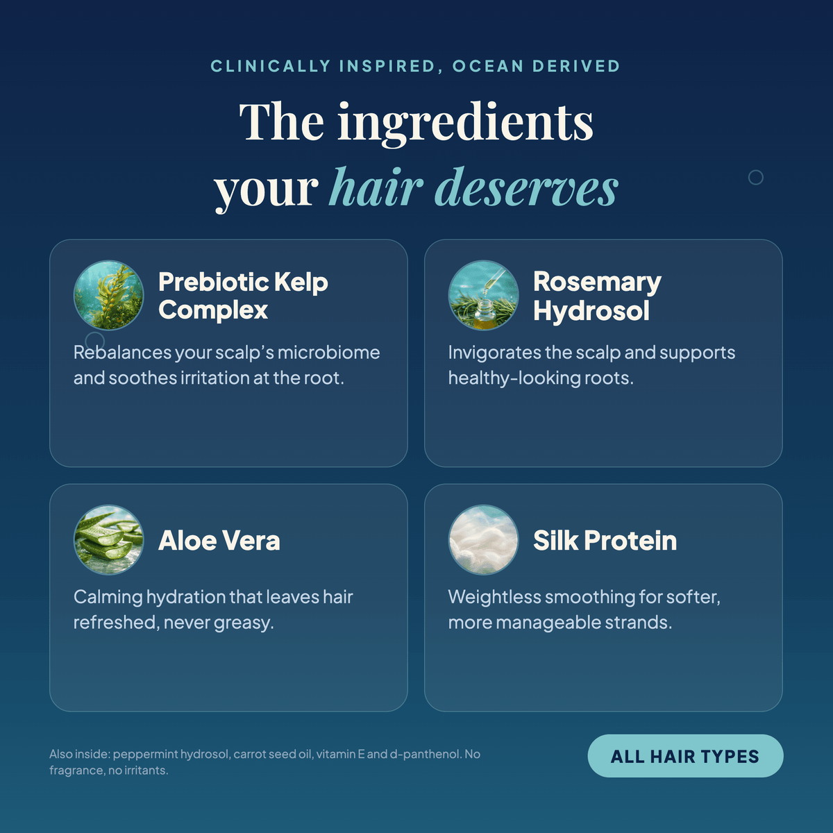 Scalp Mist ingredients: prebiotic kelp, rosemary and peppermint hydrosols