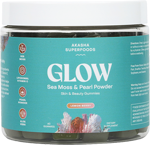 Jar of sea moss and pearl powder labeled 'Glow' with a turquoise label.