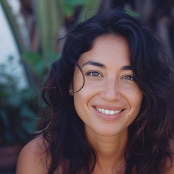 Smiling person with dark hair in an outdoor setting.
