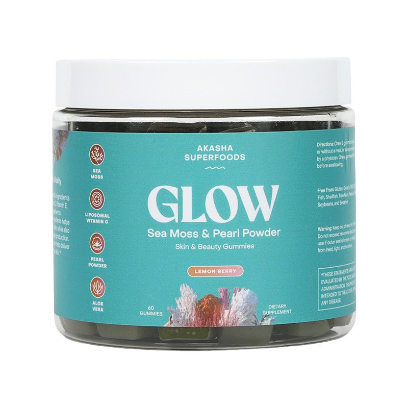 Jar of Glow Sea Moss & Pearl Powder gummies with a teal label.